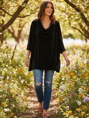 SOFT SURROUNDINGS Meri Velvet Burnout Tunic Size 2X Cowl Neck Black Stretchy Top